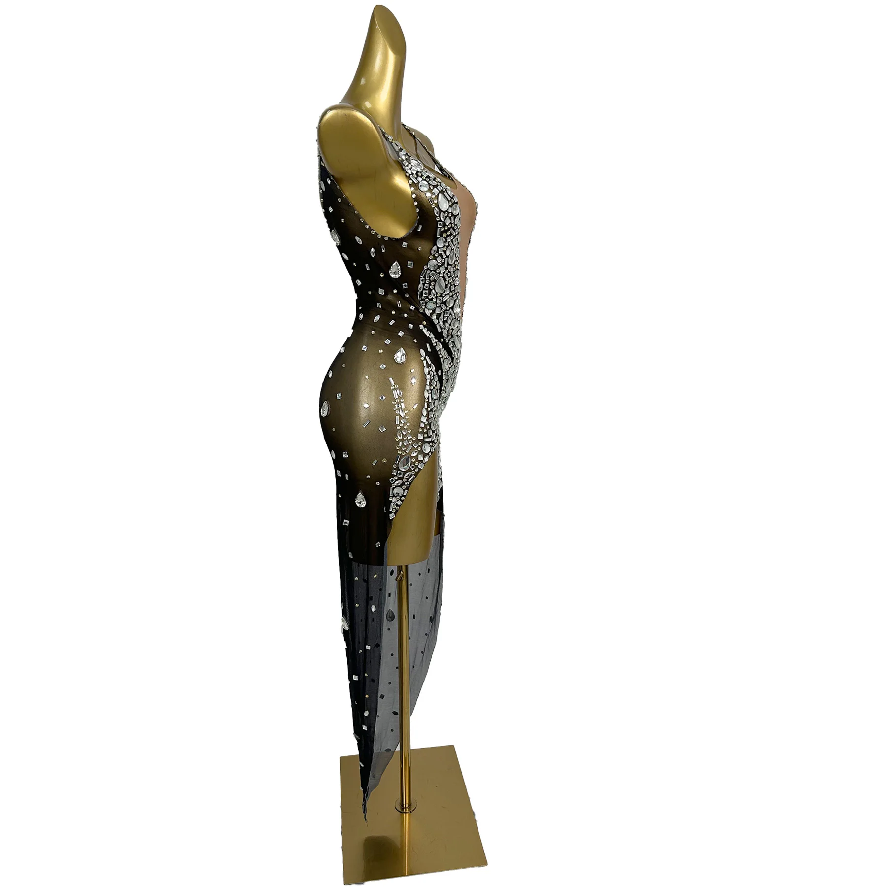 فستان Duyixiang أنيق للنساء بحمالات فضي وحجر الراين مثير شفاف من خلال فستان شبكي غير منتظم فستان أداء المسرح #4