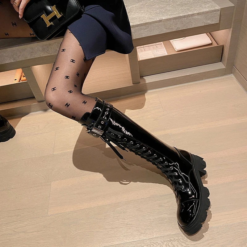 2022 Autumn and winter Women knee-high boots natural leather 22-25cm cowhide side zipper Knight boots belt buckle modern boots