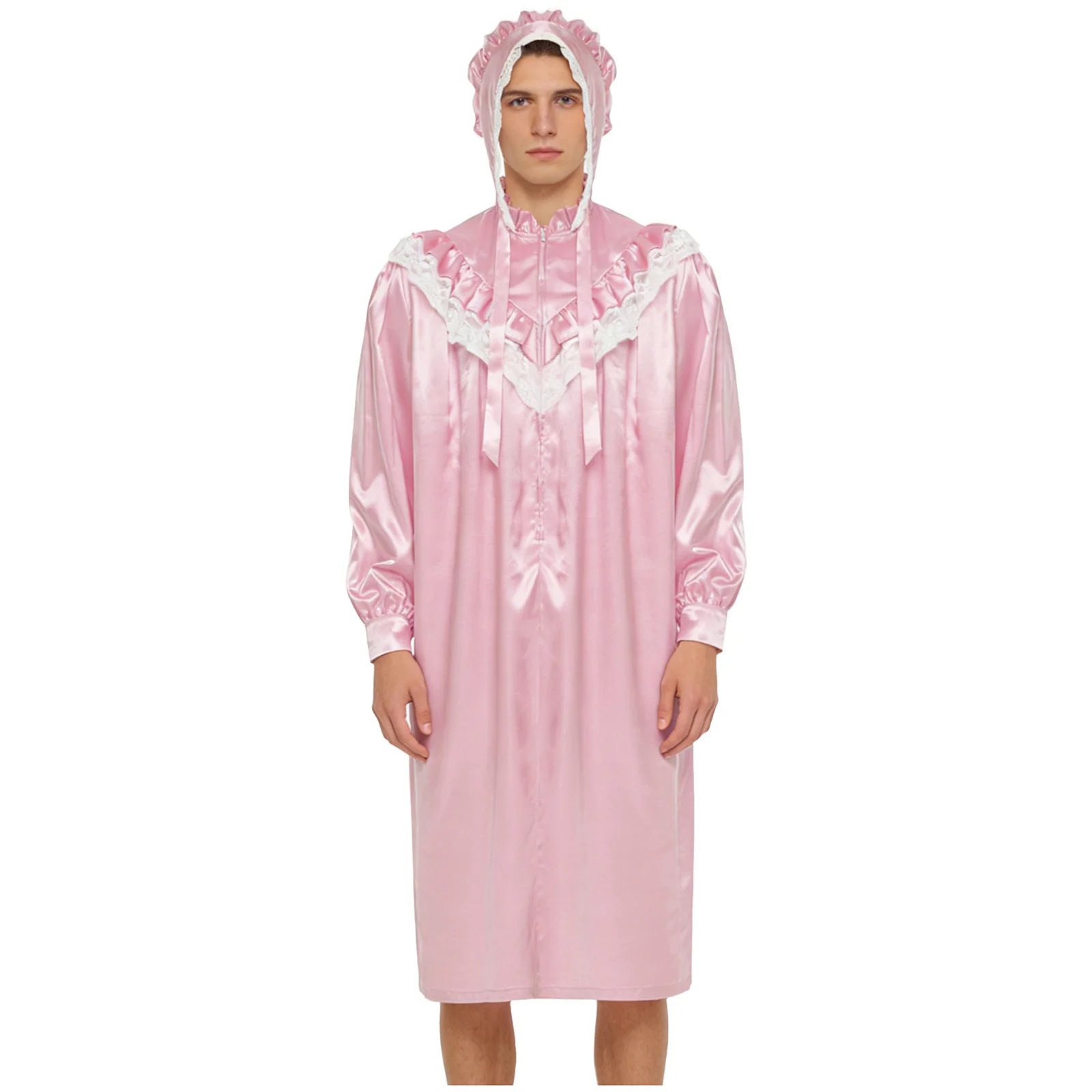 

Мужская ночная рубашка в викторианском стиле с комплектом из шапочки, с рюшами и кружевной отделкой, длинными рукавами, из сатина, и шапочка на завязках для пижамной вечеринки