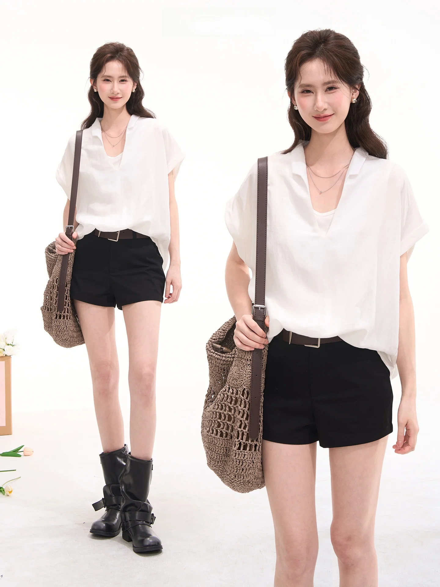 

Heme Summer Casual Loose Women's Short Sleeve Shirt Fake Two-Piece Top Elegant Fashionable Cotton Blend Fabric Easy Care