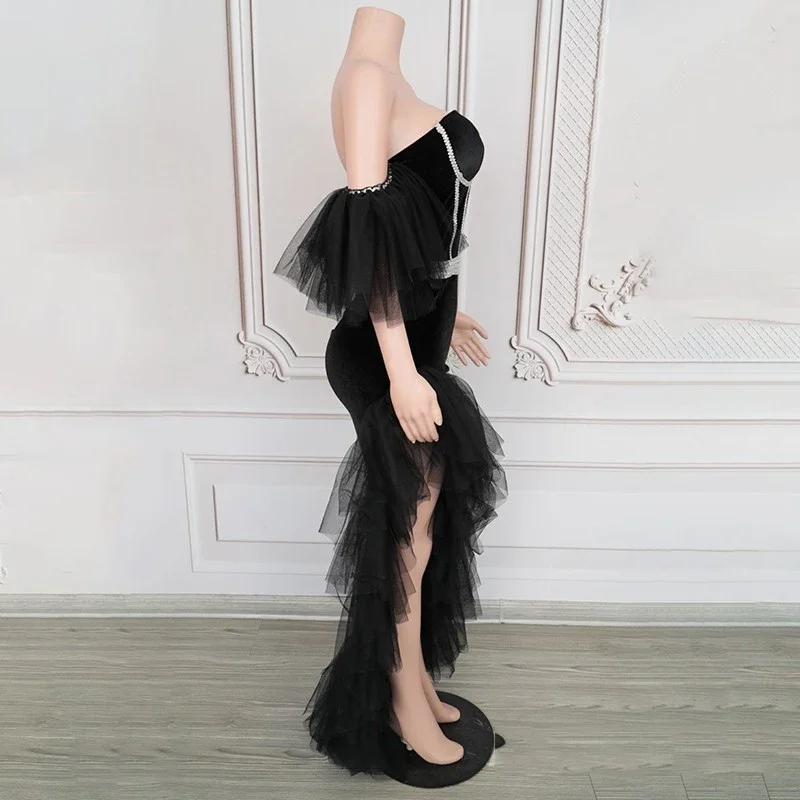 Black Velvet Mesh Evening Dresses Women Singer Performance Party Dress Bar Dj Ds Gogo Costume Stage Festival Outfit
