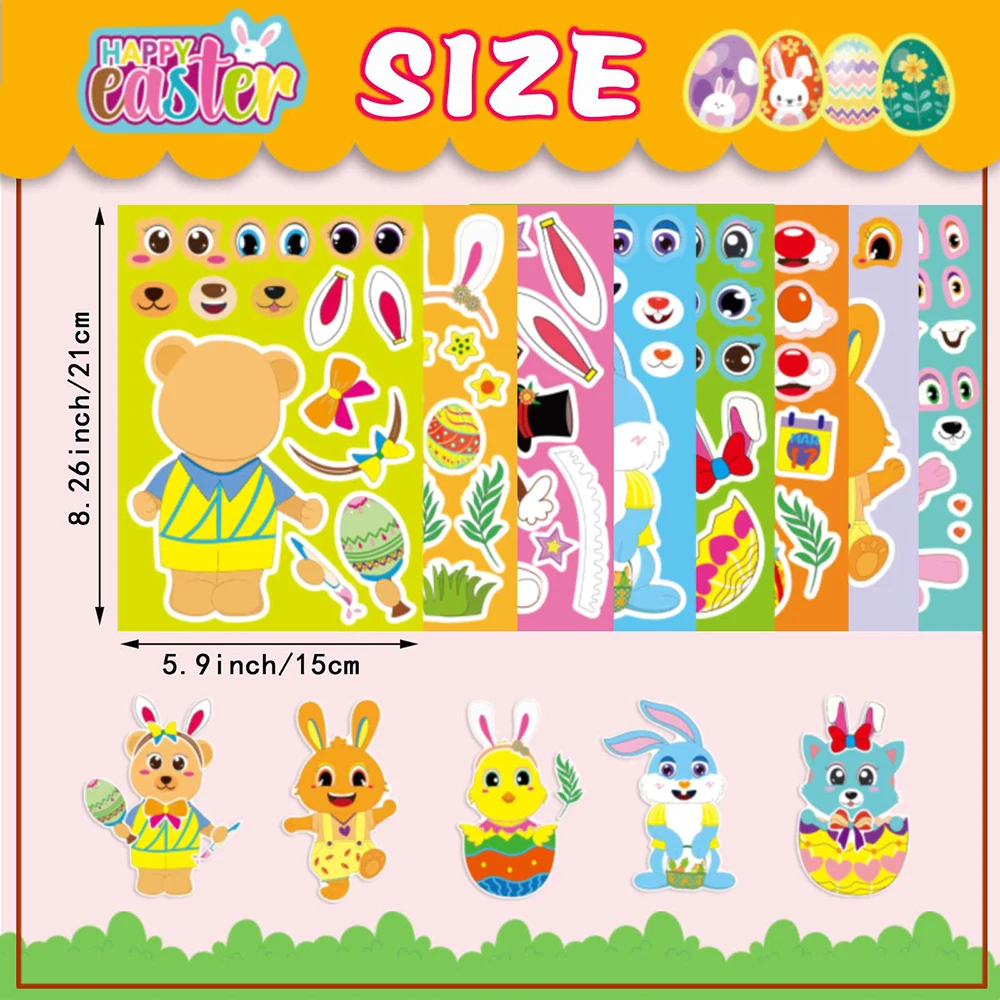 

8/16sheets Festival Easter Eggs Puzzle Stickers Cute Bunny Face DIY Assemble Jigsaw Make Your Own DIY Jigsaw Sticker Decoration