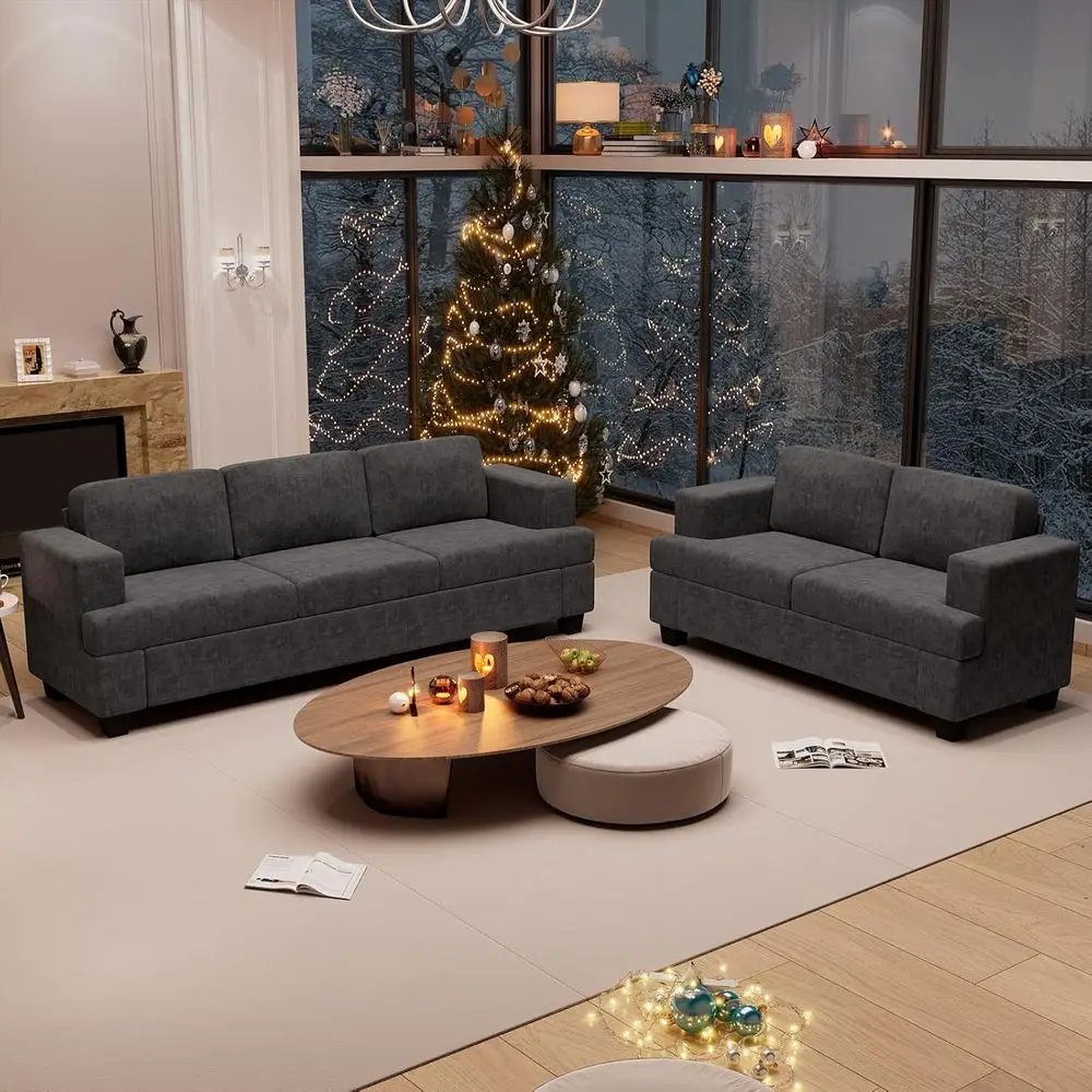 

2-Piece Comfortable Sofa Set: 3-Seater & Loveseat with Deep Seating, Sleeper Option, Living Room, Grey Chenille