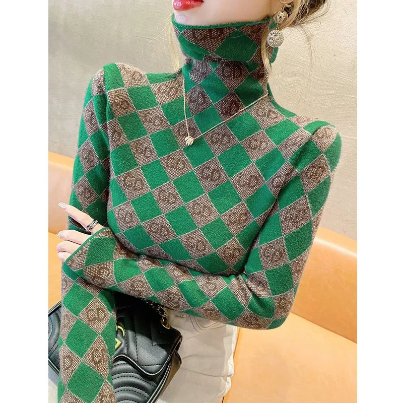 2023 Herbst Winter Frauen Vintage Argyle Luxus elegante Roll kragen Strick pullover Mode Langarm schlanke Pullover Tops Pullover