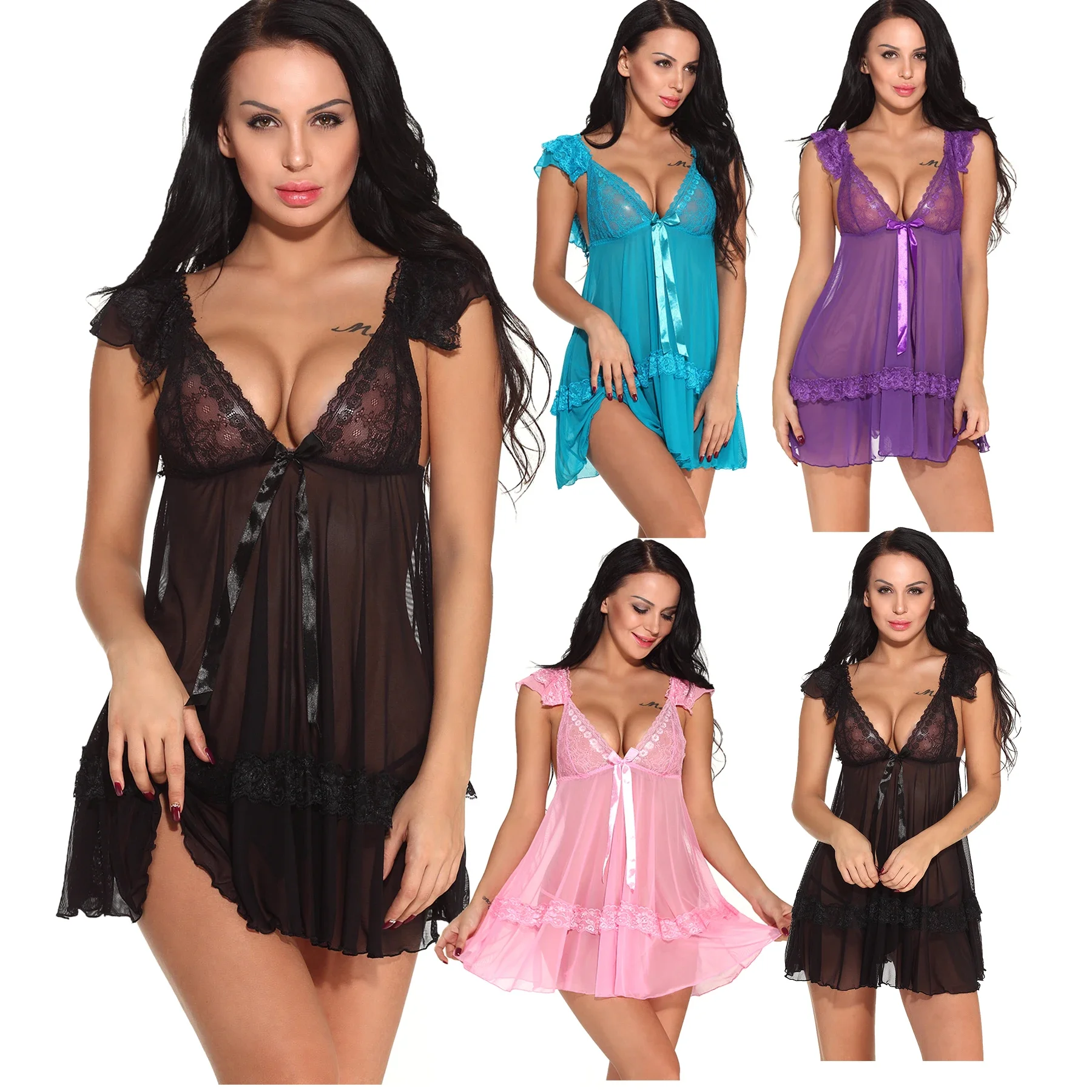 

Women's Sexy Lingerie Underwear See Through Sleepwear Lace Sheer Nightdress Panty Dress Pijamas Sets Female Sexy Nighty Boudoir