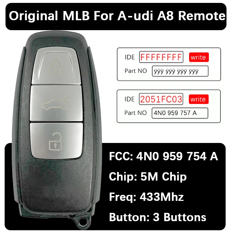 

CN008197 Оригинальный чип 3 + 1 кнопки 434 МГц 5 м 4N0 959 754 A Smart Key без ключа работает с VVDI KYDZ MLB-инструментом для A-udi A8 2017+