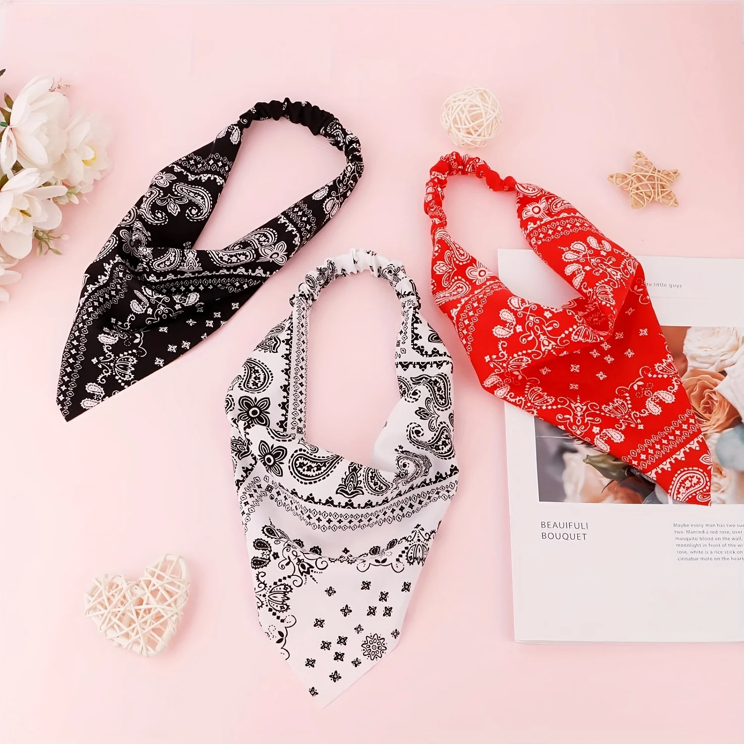 レディース三角弾性ヘッドスカーフ、レトロボヘミアンスタイルの滑り止めヘアアクセサリー4個。