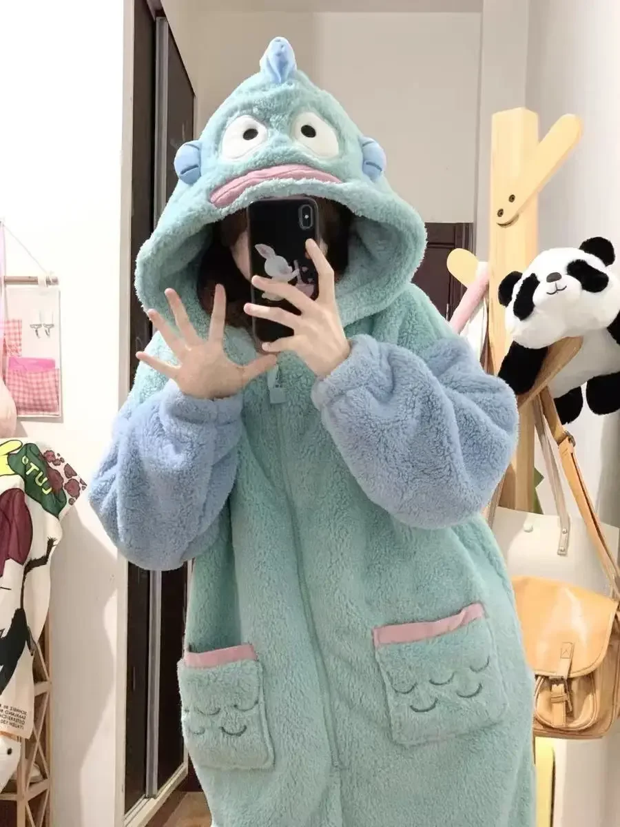 Cartoon Hangyodon Plush Siamese Pajamas Hooded Jumpsuit Pajamas Sanrioed Anime Kawaii Coral Velvet Homewear Thickened Nightgown