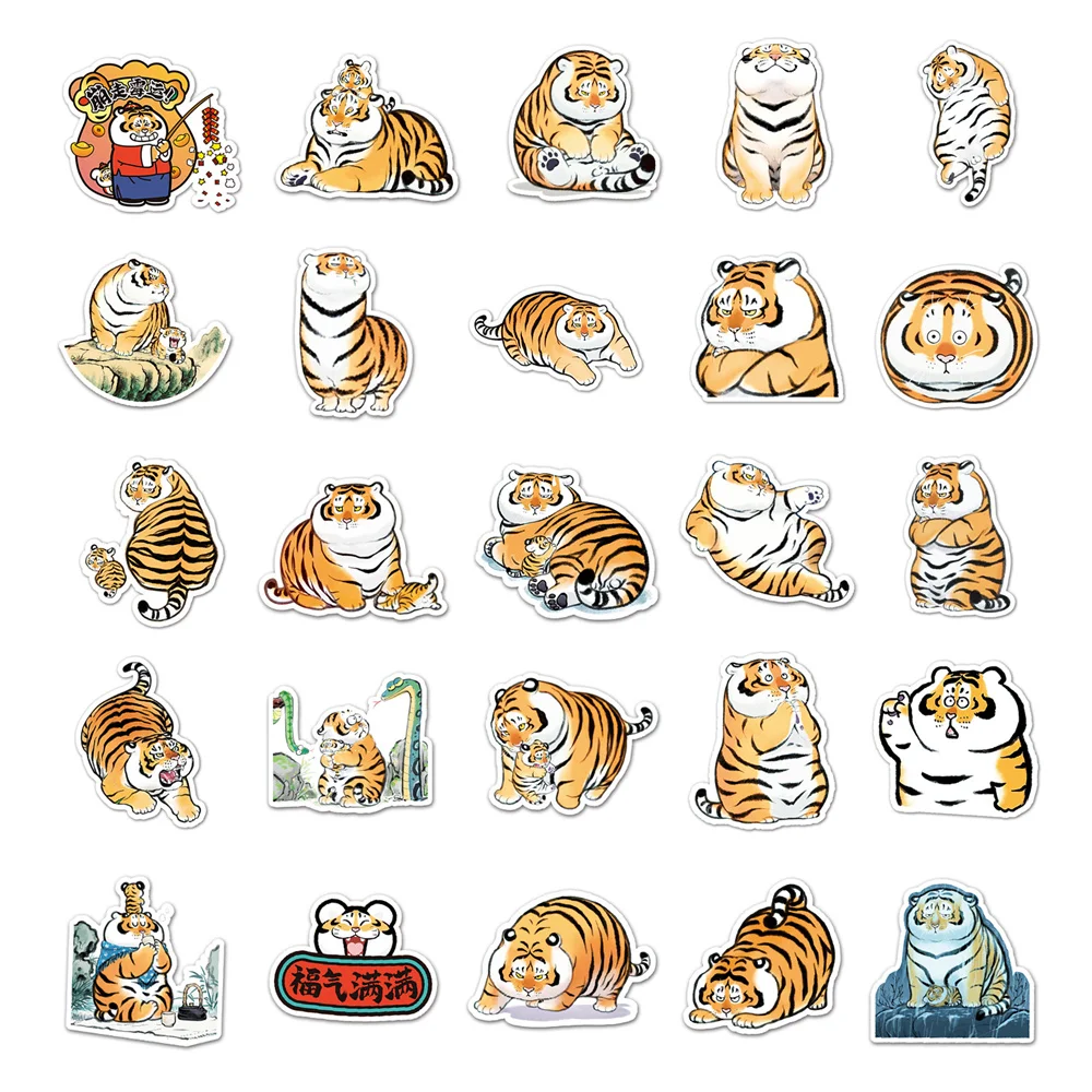 10/30/50PCS Cute Fat Tiger Graffiti Waterproof Sticker Decoration Bicycle Suitcase Laptop Gift PVC Tiger Sticker Wholesale