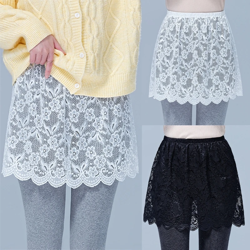 

Women Plum Blossom Floral Lace Layering Scalloped Hemline Shirt Extender Adjustable Layered Top Lower Sweep Half Slip Skirt Mini