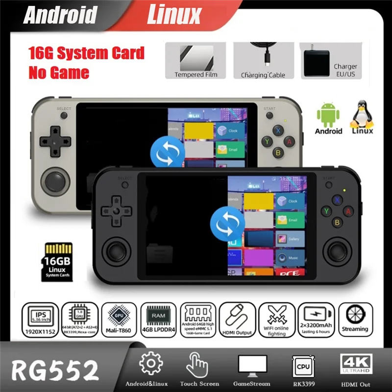 

RG552 Ретро игровая консоль 5,36 дюйма IPS 1920X1152 16G Двойные системы Android Linux Карманный игровой плеер (B, вилка европейского стандарта)