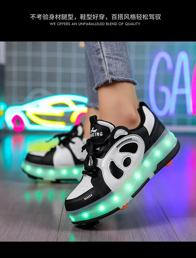 Children's Panda  Roller Skating Shoes for Boys Girls Shoes with LED Lights Breathable USB Charging Skate