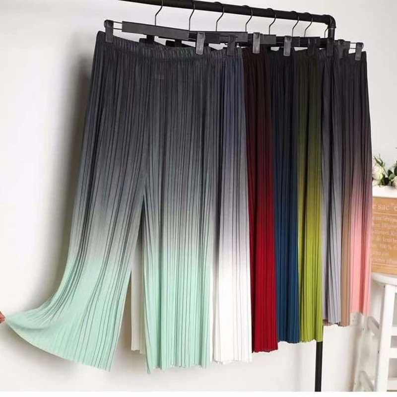 

Gradient Color Pleated Wide Leg Pants Women Bottoms Summer Straight Pants Casual Loose Elastic High Waist Trousers