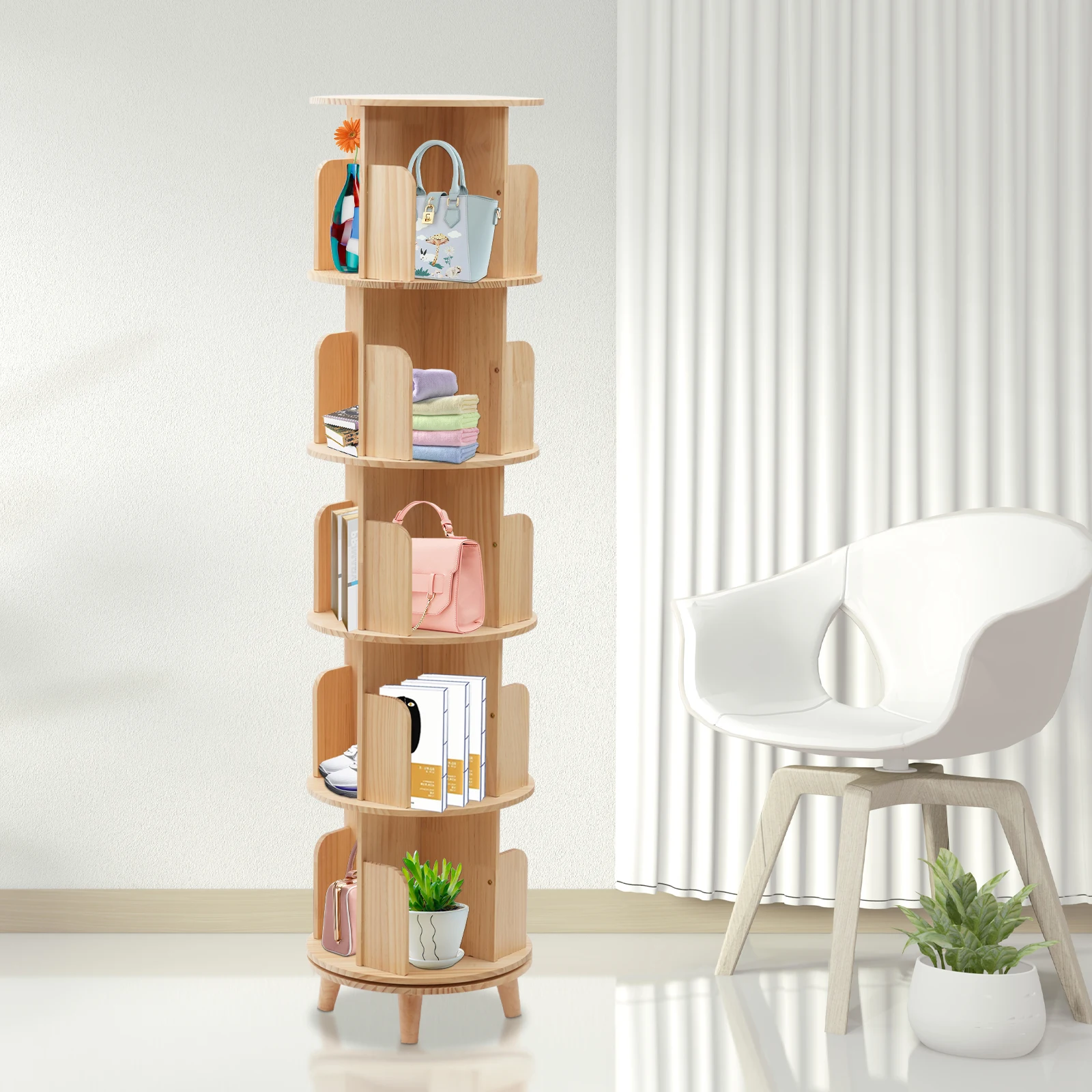 5-Tier Rotating Bookshelf 360 Display Floor Standing Bookcase Storage Rack for Kids&Adults