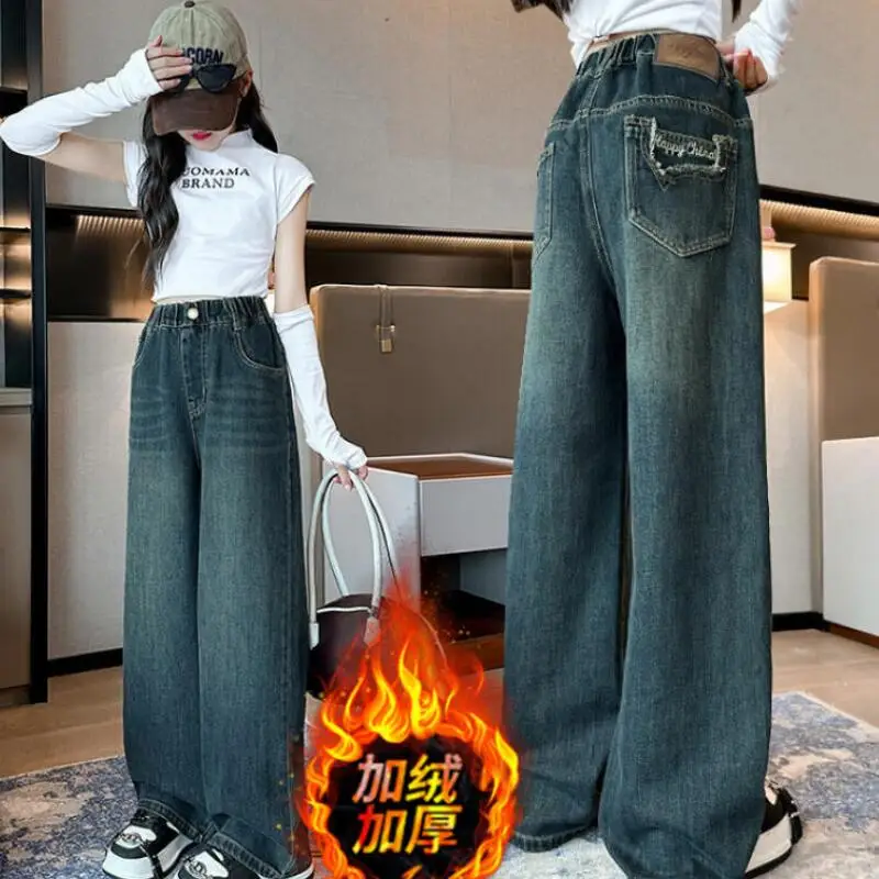 

Джинсы для девочек на флисовой подкладке, теплые детские брюки, осенне-зимняя детская одежда, одежда для девочек, ковбойские повседневные брюки Y2K