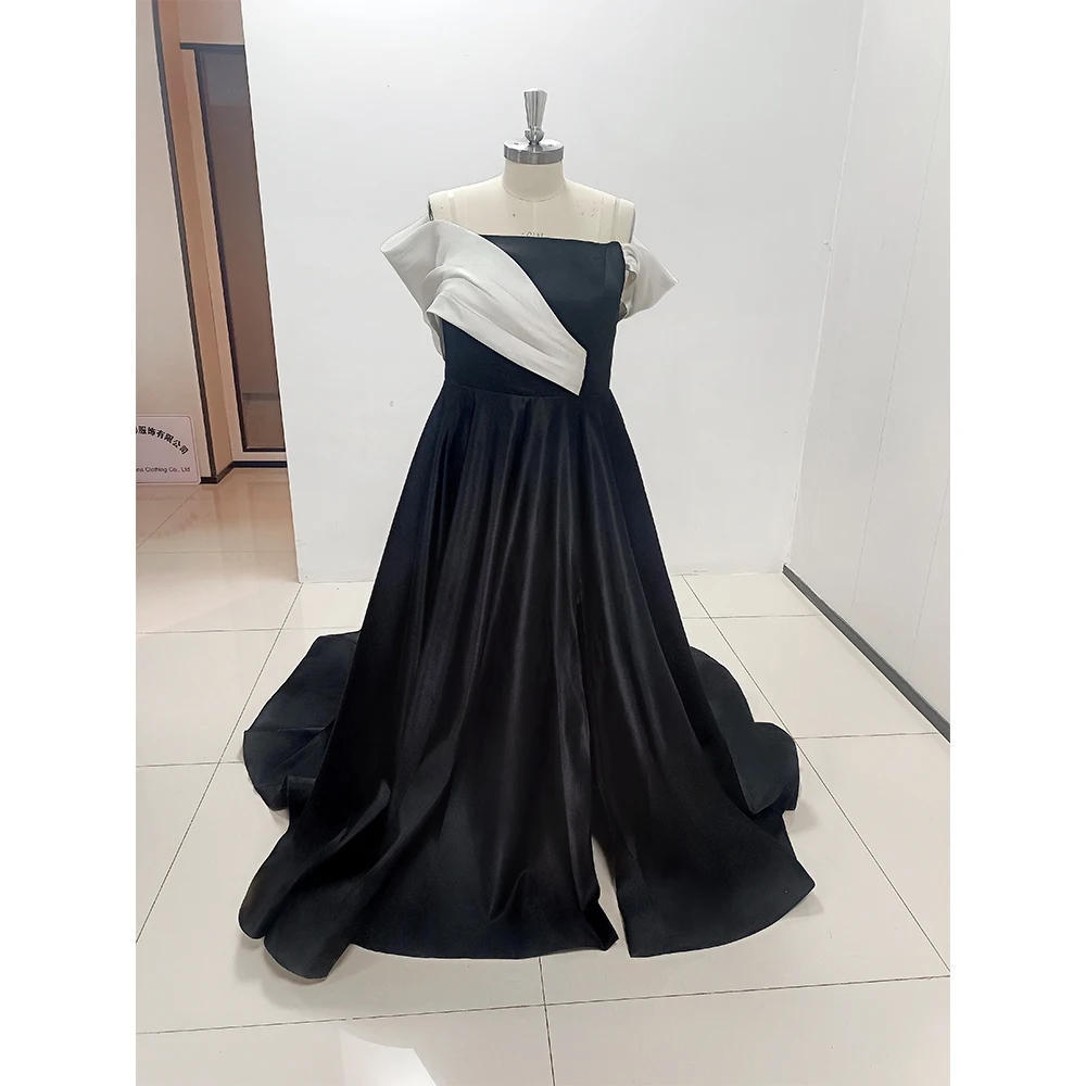 Luxury Black White Contrast Color Women Formal Evening Dress Floor Length Sexy Side Split Strapless Sleeveless Robes De Soirée