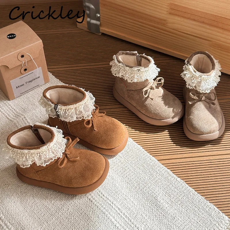

Ruffles Lace Children Fashion Boots Winter Bow PU Solid Short Plush Girls Boots Princess Zip Cotton Warm Kids Ankle Shoes