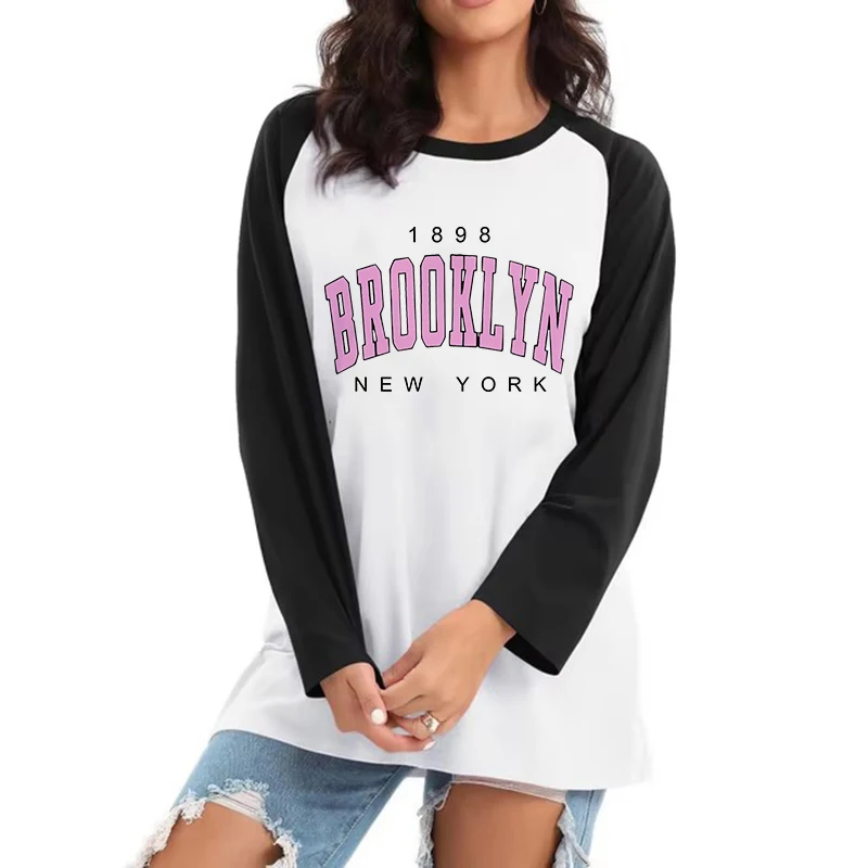 90er Jahre Brooklyn 1898 Brief Drucken Langarm T-shirt 2000er Rundhals T Shirt Frauen Koreanischen Stil Y2k T-shirt lustige Harajuku Kleidung