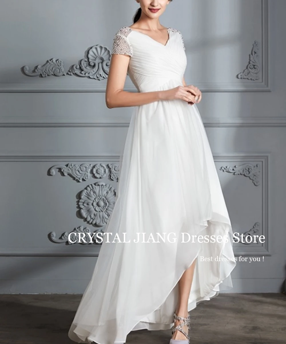 Vestidos de casamento longos elegantes, V-Neck Tulle com mangas curtas, Vestido assimétrico, Até o chão