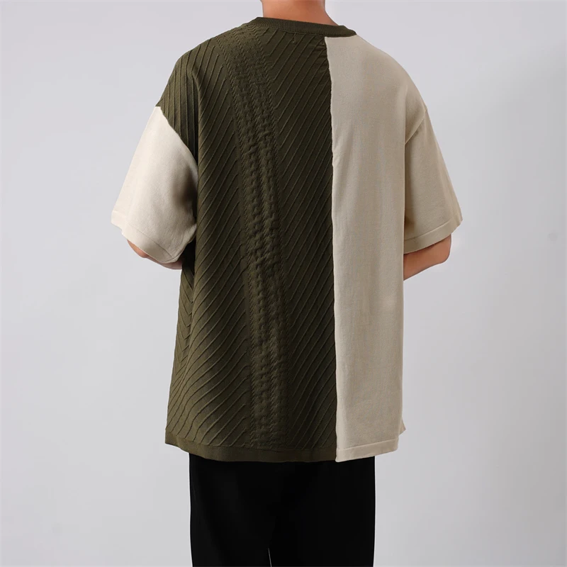 Ice Silk Thin Patchwork Apricot Green Summer Loose Short Sleeve Men Fashion Casual Oversized T Shirt Clothes Japanese Streetwear