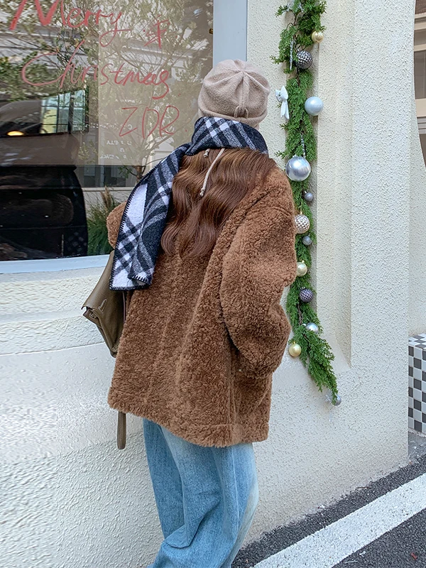 Casaco Feminino de Pele de Cordeiro Ort, Reversível, Quente, Casual, Ajuste Solto com Capuz para Outono e Inverno