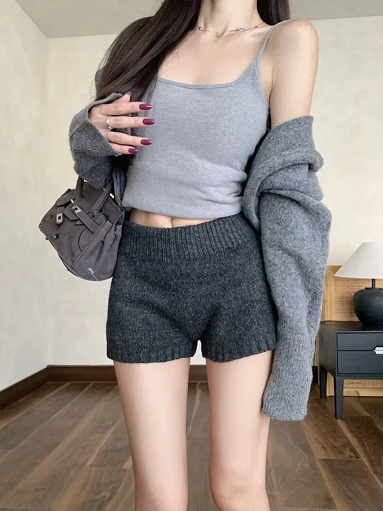 

High Waist Knitted Casual Pants Women's plus Size Korean Style Simple Design Autumn Winter Fashionable Slimming Short Pants