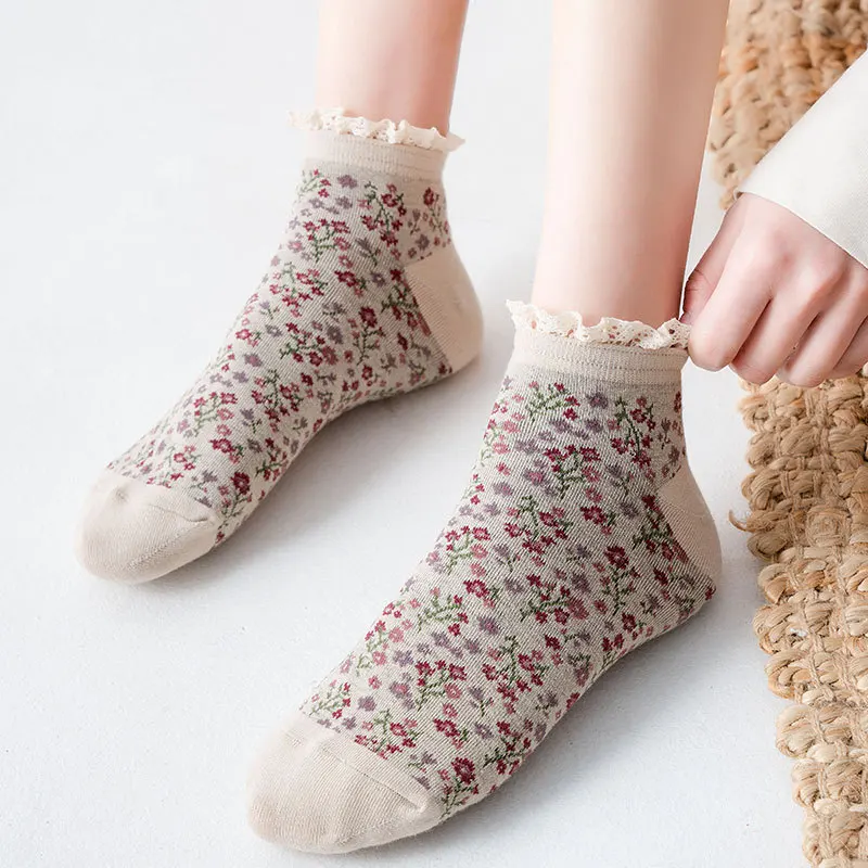 Chaussettes rétro à bords en dentelle florale, chaussettes courtes en coton, personnalisées, ins sweet, université, nouveau produit, printemps et