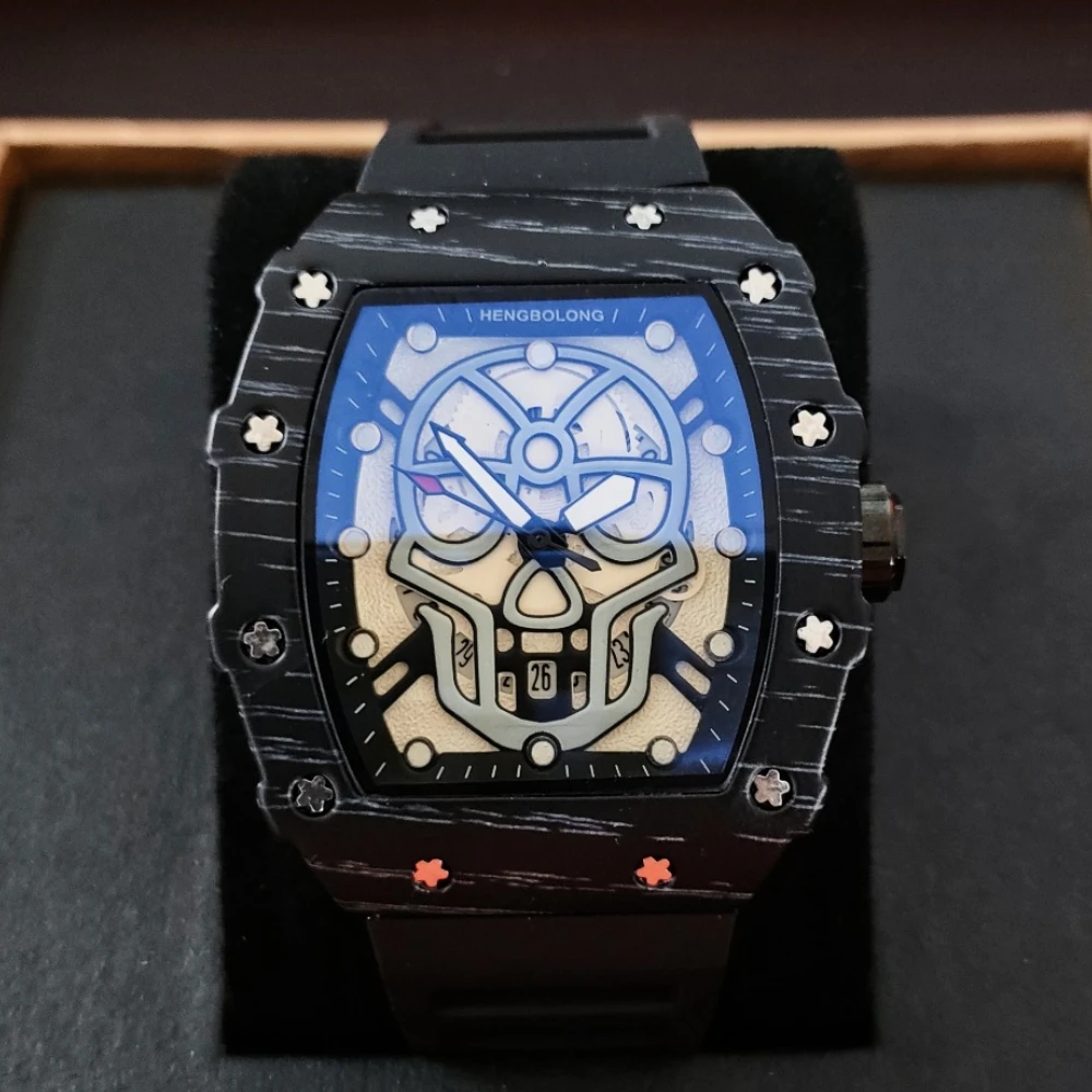 

Creative Hollow Design Tonneau Quartz Watch Men Decorative Dial Unique Luxury Rubber Strap Sport Men Watches Military Watch Men