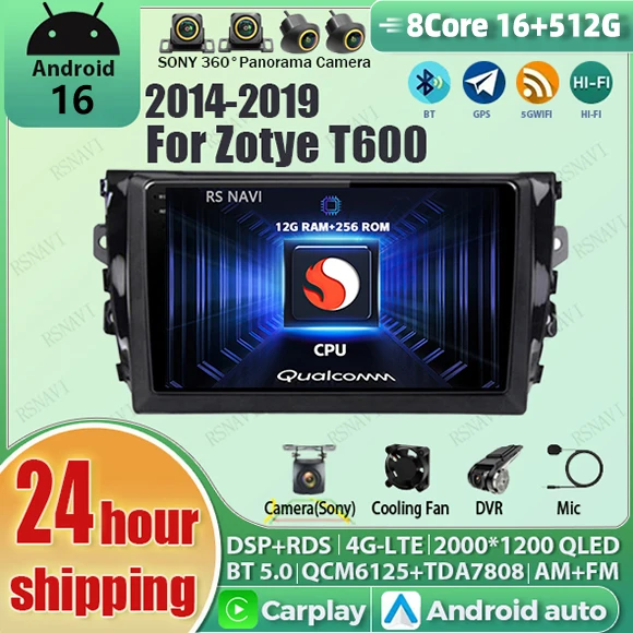 Android 16 wifi+4G Carplay AUTO Car Radio For Zotye T600 2014 - 2019 Navigation GPS Video Player Stereo Multimedia Head Unit DVD