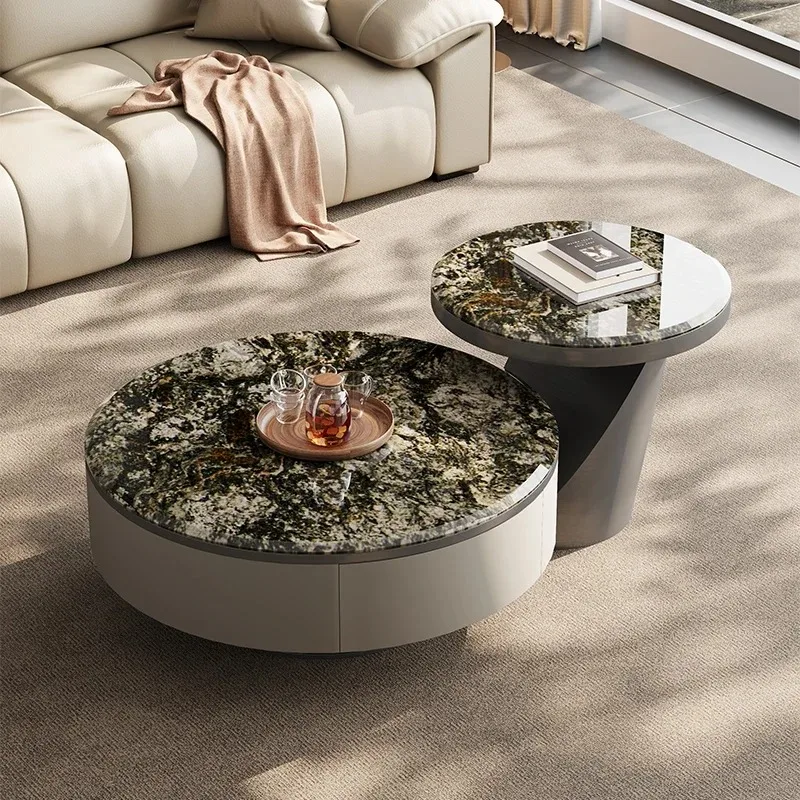 【Hot】Italian light natural marble coffee table living room household small apartment modern simple size round combination
