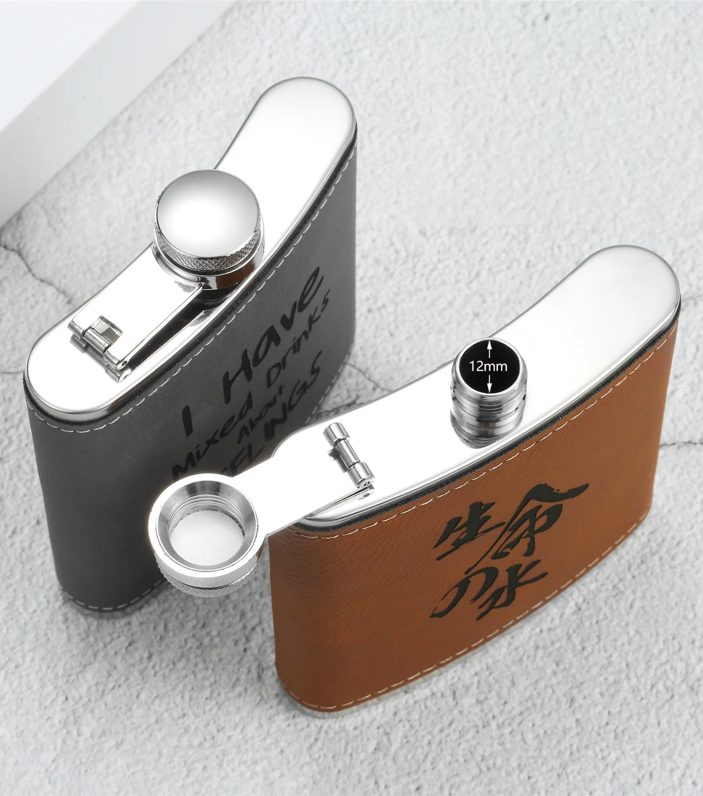 6 OZ Edelstahl-Hüftflasche mit Lederhülle, personalisierbar mit Foto, Logo, Namen, für Alkohol, Whiskey, tragbare Flasche, Geschenk für Männer – Detail 6