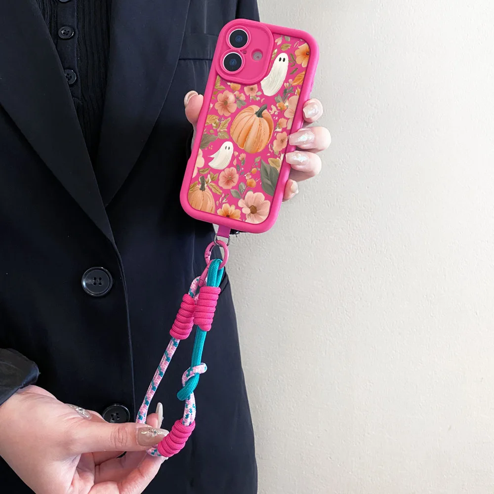 2025 halloween flor fantasma cordão caso de telefone para iphone 16 15 14 13 12 11 17 pro max xs xr 7 8 plus alça crossbody corda capa