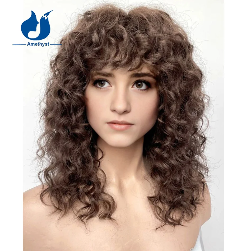Amethyst Curly Color #3 Brown Human Hair Wig with Bangs Full Machine Made O Scalp Top Remy Soft Hair Wig for Women Wavy
