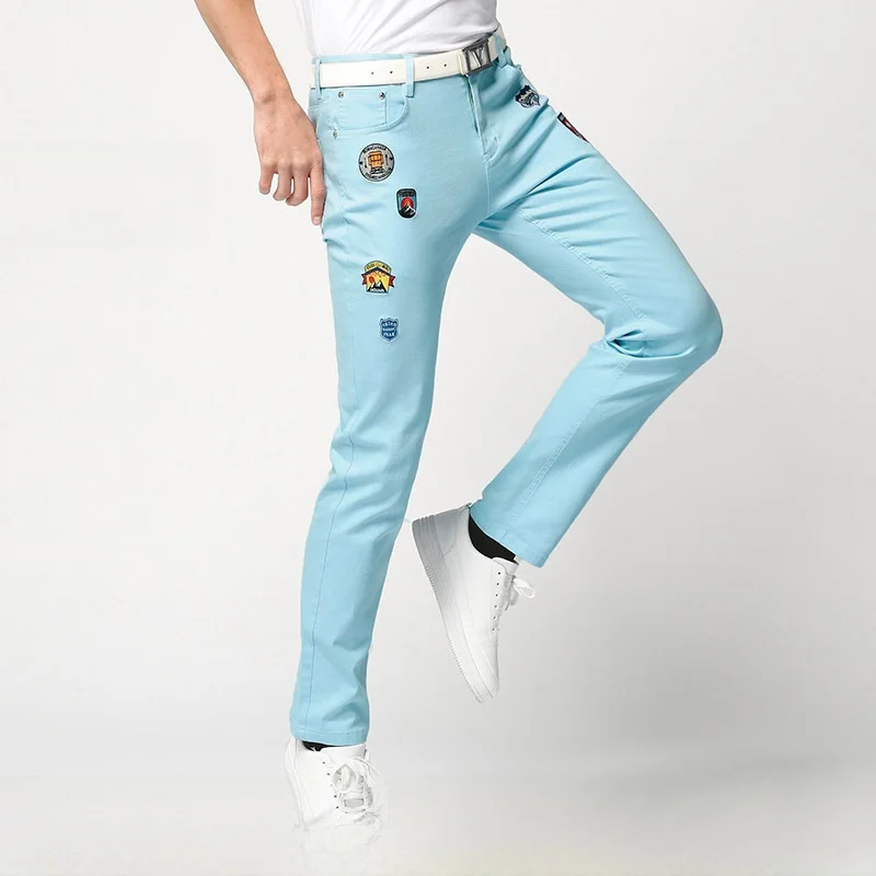 

Blue Casual Pants for Men Slim Fit Korean Sle Embroidery Label Autumn Personali Men's Long Pants Cotton Polyester Blend