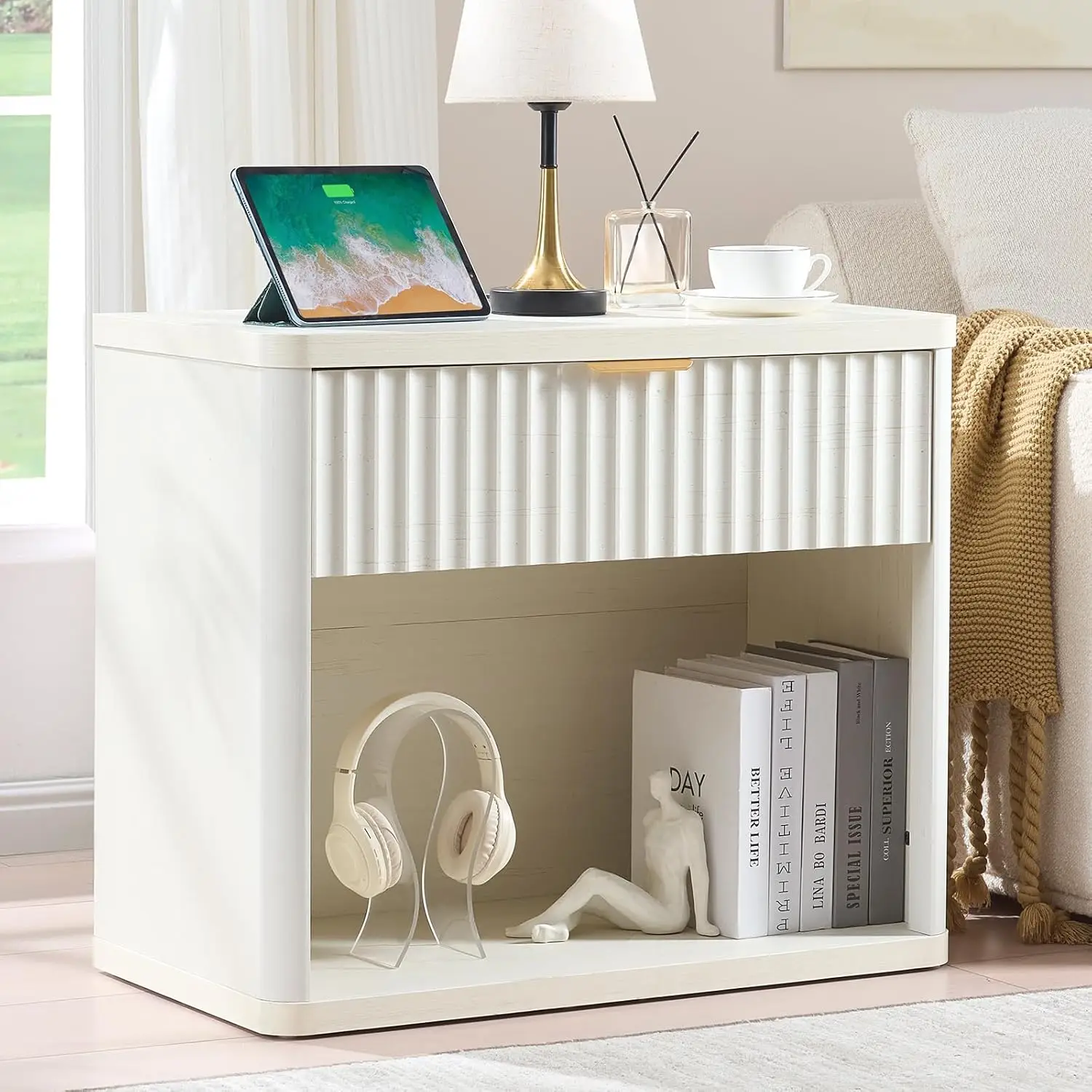 

31" Wide Fluted Nightstand with Charging Station, Oversized 1-Drawer Bedside Table, White Wood