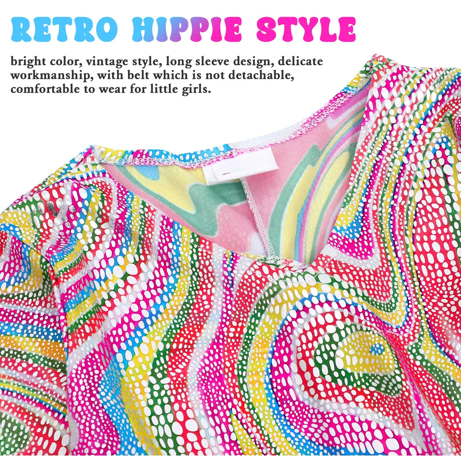 1 Set Long Sleeve Vintage Dress Disco Dress Little Girl Retro Dress Retro Disco Costume Rave Outfits with Headband 2025 New