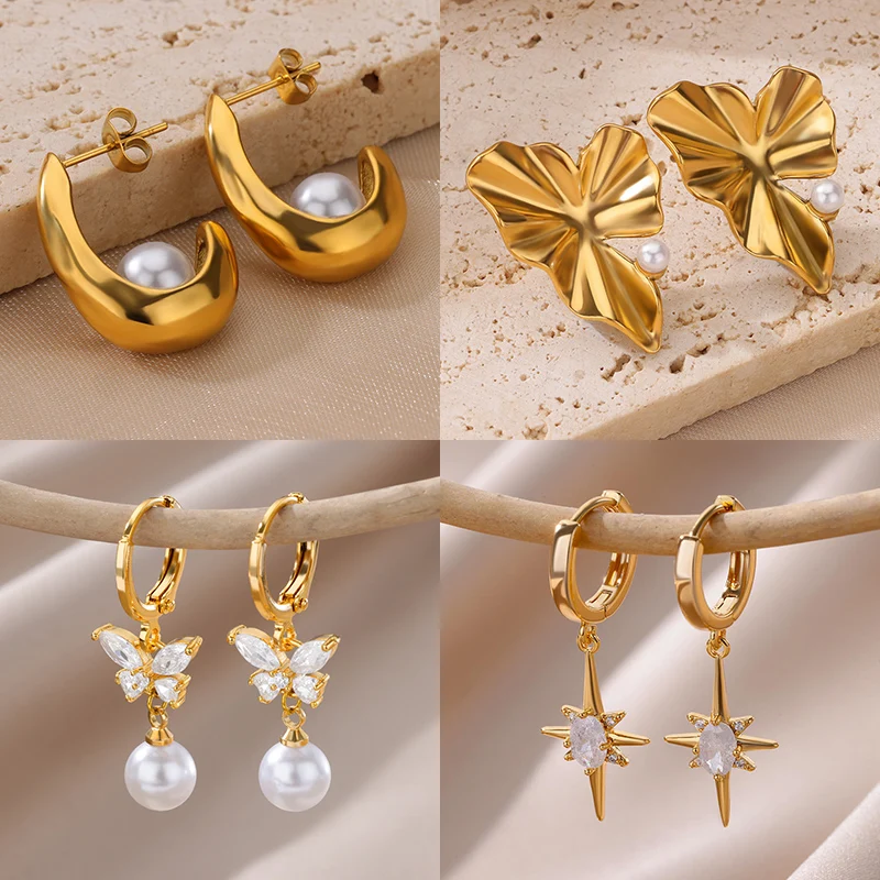 Stainless Steel Irregular Pearl Earrings For Women Gold Color Vintage Leaf Geometric Earring 2024 New Party Wedding Jewelry Gift