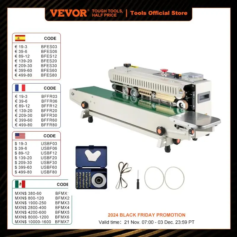 VEVOR FR-770 Continuous Band Sealer Vertical/Horizontal Automatic Sealing Machine with Digital Temperature Control for Bag Films