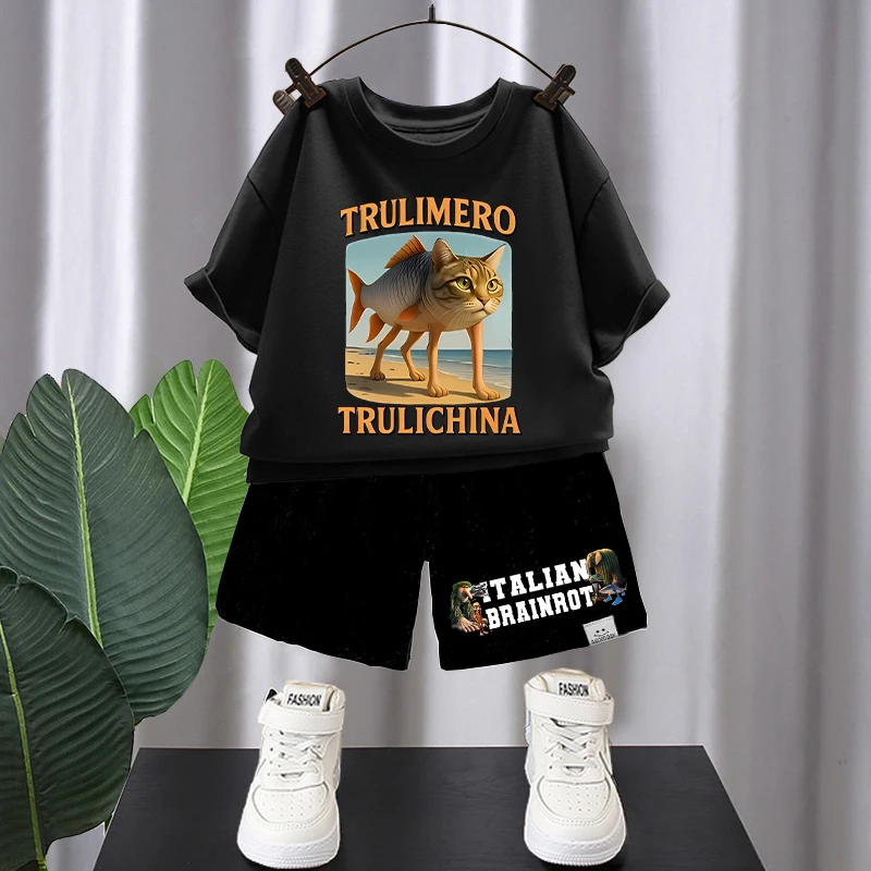 Set Celana Pendek Lengan Pendek Brainrot Italia 2 Buah Setelan Celana T-shirt Lucu Kartun Anak-anak Set Pakaian Fashion Musim Panas Anak Laki-laki Perempuan