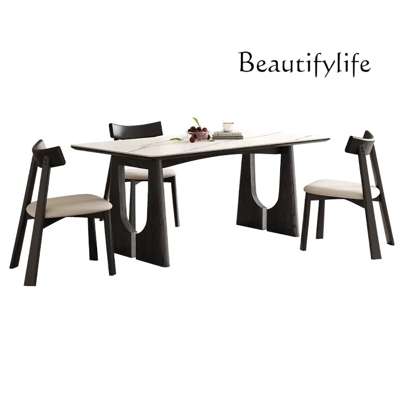 

Medieval French solid wood dining table Household retro black Japanese rectangular rock slab dining table