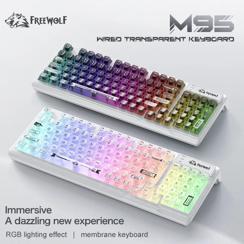 

Бесшумная клавиатура 75% FREEWOLF M95, матовый прозрачный чехол с RGB-подсветкой, колпачки для клавиш аниме-дизайна, тихий для игр/офиса