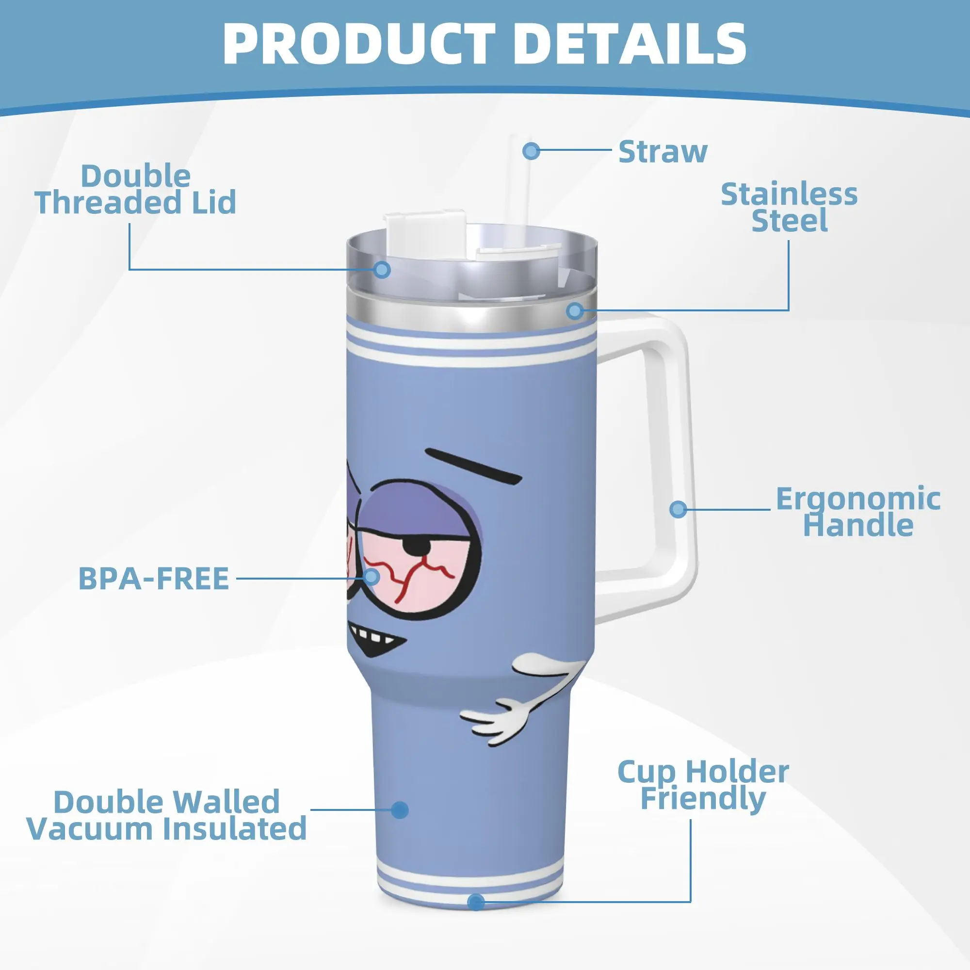 ساوث باركس منشفة من الفولاذ المقاوم للصدأ أكواب حرارية للشاطئ مع شفاطات وغطاء أكواب سيارة كبيرة زجاجة مياه للمشروبات الباردة #5