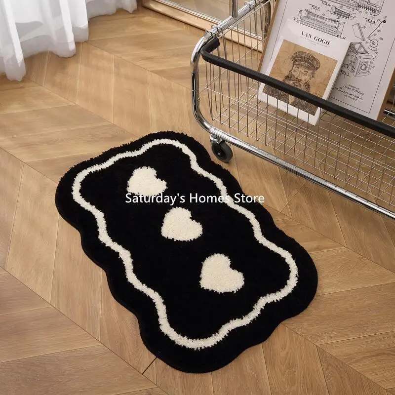 Tapis de Sol Fluffy Fluffy Lea, Polymères de Touffetage de Porte, Optique Douce, Absorbant, Toilette, Cuisine, Coeur Noir et Blanc