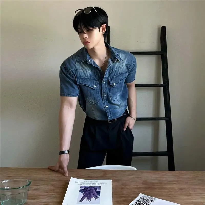 

Waed Denim ort Sve irt Men's Summer Loose Casual Korean Retro Commuting Trendy Cotton Ne Inner Wear