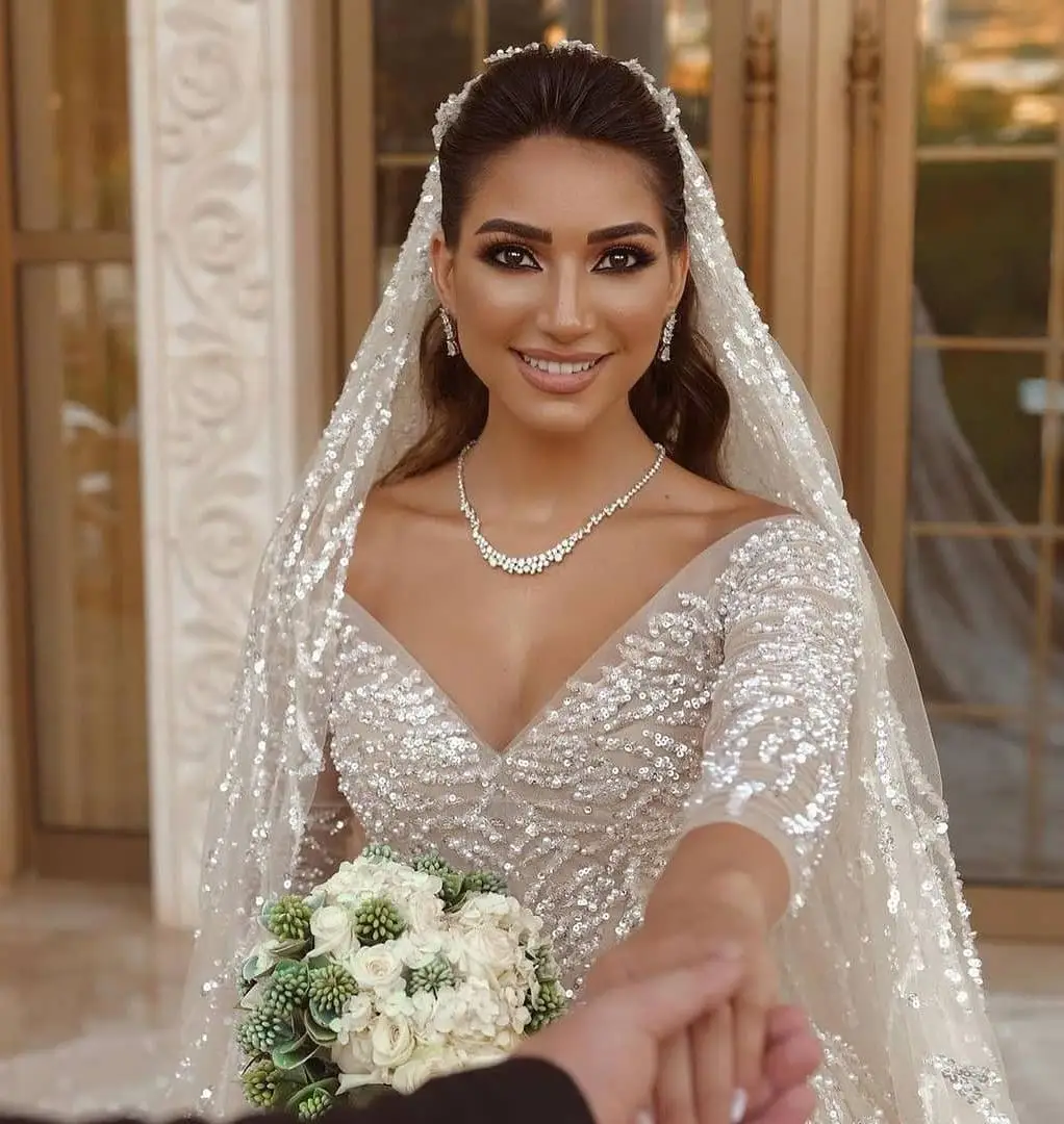 Wedding Dresses Modern Off Shoulder Bridal Gowns Sequins Pearls Long Sleeves Customized Princess Bride Dress Vestidos De Novia