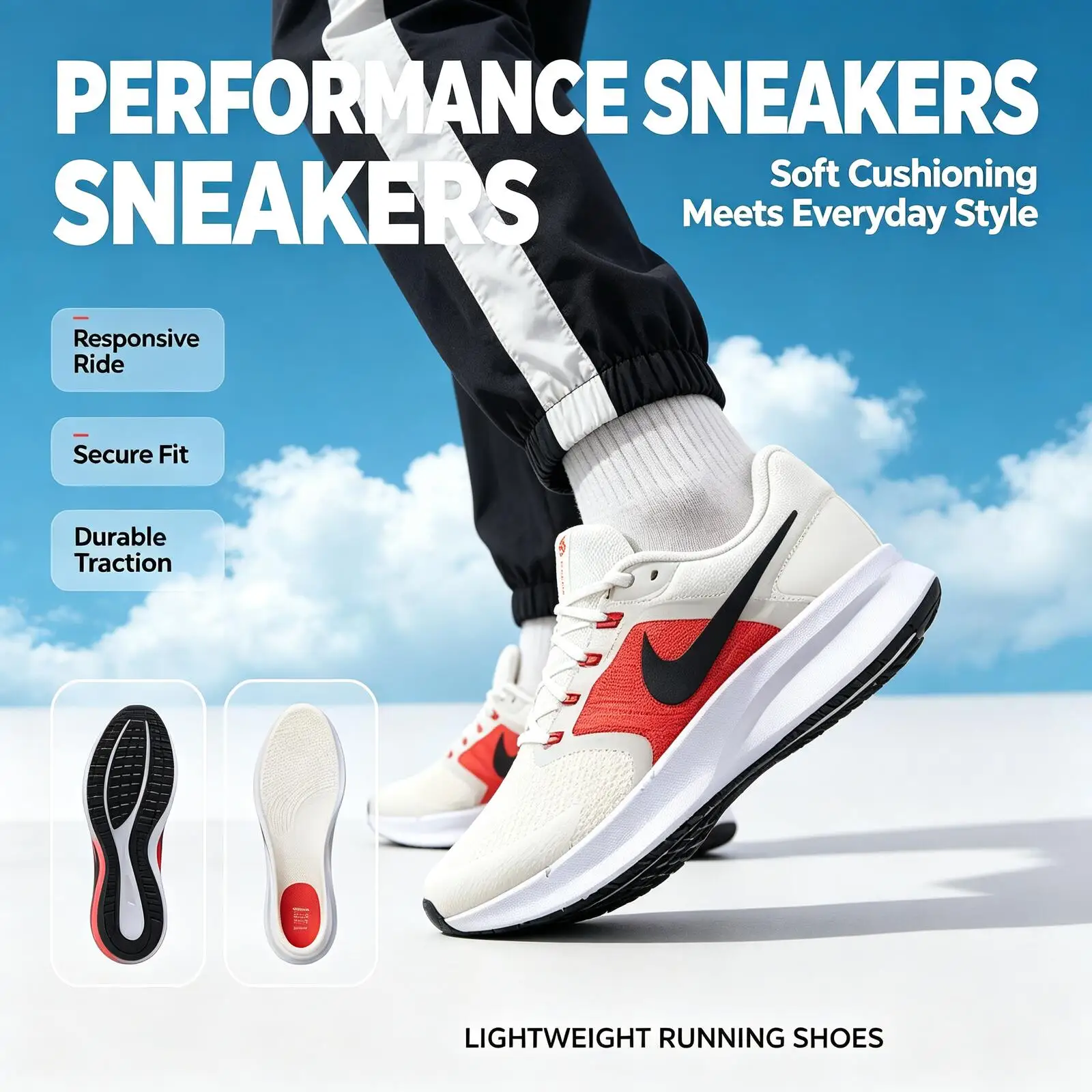 Nike Flash Sale  White Red Lightweight Running Shoes Breathable Mesh Soft Cushion Non-Slip Casual Sneakers for Daily Walking