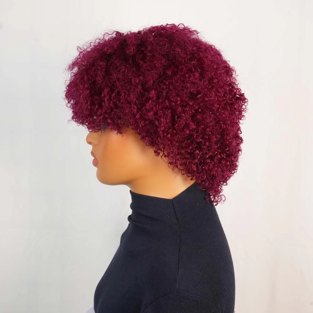 Borgonha curto pixie afro kinky encaracolado peruca com franja remy cabelo humano máquina feita perucas jerry encaracolado peruca para preto