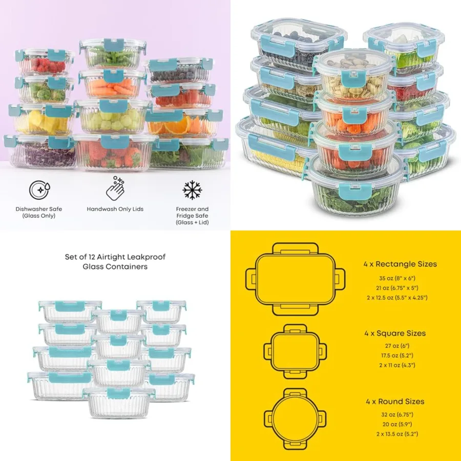 

24pc Borosilicate Glass Storage Containers with Lids 12 Airtight/Freezer Safe Food Storage Containers for Pantry and Kitchen Me