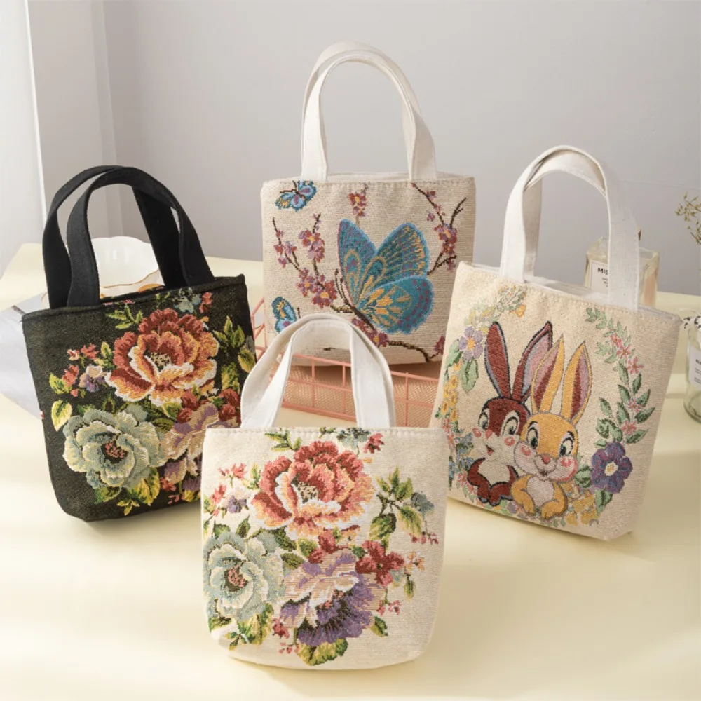 Embroidery Canvas Bag Cute Cat Flowers Tote Bag Fashion Style Small Shoulder Traveling Pouch Handbag