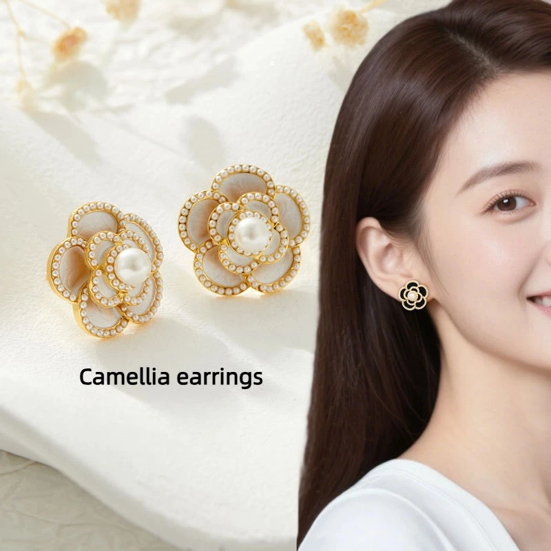 French Style Camellia Earrings - Enamel Pearl & Copper Alloy, 925 Silver Plated Hypoallergenic Post (Gold/Silver, Luxury Gift)